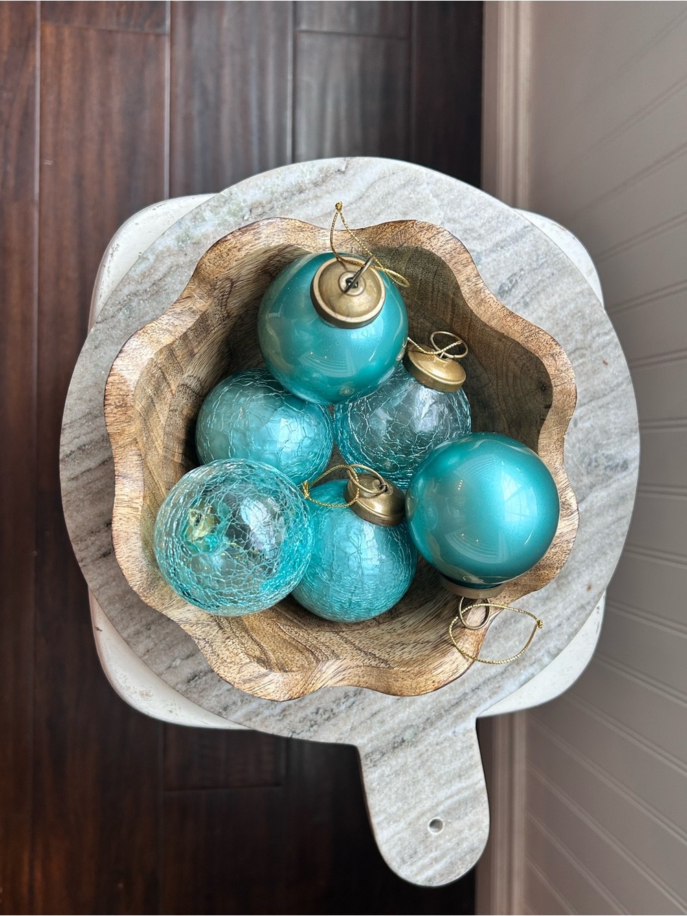 Restoration Hardware Teal Blue Crackle Glass Ornaments Set of 6